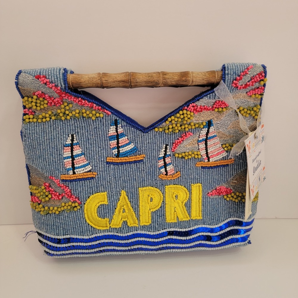 NEW Handcrafted India Scenic Capri Italy Beaded Hand Bag Bamboo Sailboat Viral